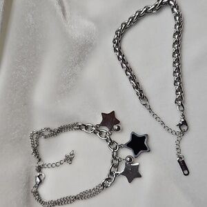 Ladies Set of 2 Stainless Steel Silver Bracelets Rope Chain Stars Fashion NWOT